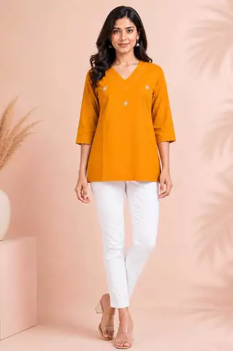 Orange cotton embroidered short kurti