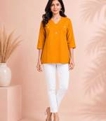 Orange cotton embroidered short kurti