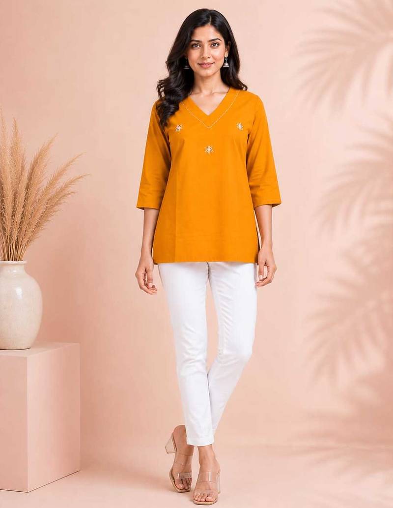 Orange cotton embroidered short kurti