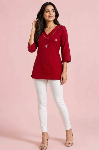 Maroon cotton embroidered short kurti
