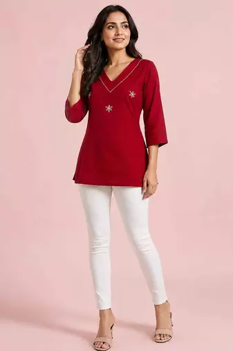 Maroon cotton embroidered short kurti