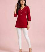 Maroon cotton embroidered short kurti