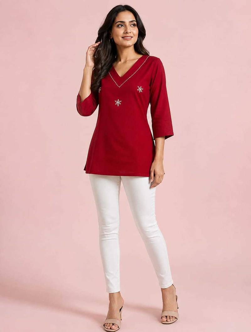 Maroon cotton embroidered short kurti