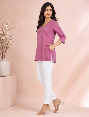 Pink cotton embroidered short kurti 2