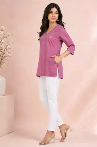Pink cotton embroidered short kurti