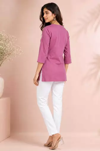 Pink cotton embroidered short kurti