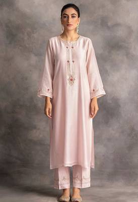 Light-pink floral embroidered chanderi silk stitched straight kurta set with pant 3