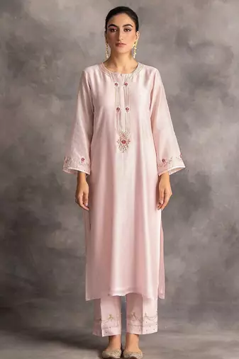Light-pink floral embroidered chanderi silk stitched straight kurta set with pant