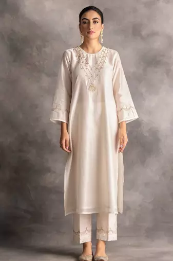White floral embroidered chanderi silk stitched straight kurta set with pant