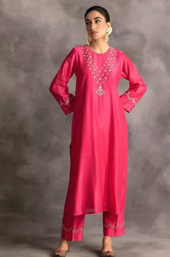 Pink floral embroidered chanderi silk stitched straight kurta set with pant
