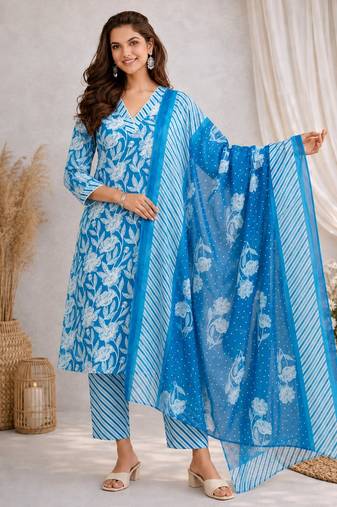 Blue::floral printed::cotton kurta::stitched::straight kurta set::pant::women kurta pant dupatta set