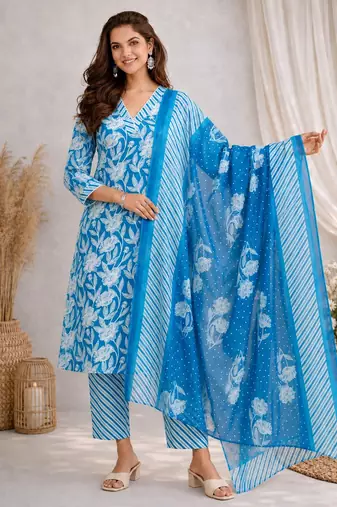Blue::floral printed::cotton kurta::stitched::straight kurta set::pant::women kurta pant dupatta set