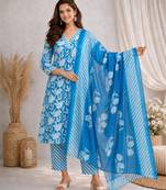 Blue::floral printed::cotton kurta::stitched::straight kurta set::pant::women kurta pant dupatta set