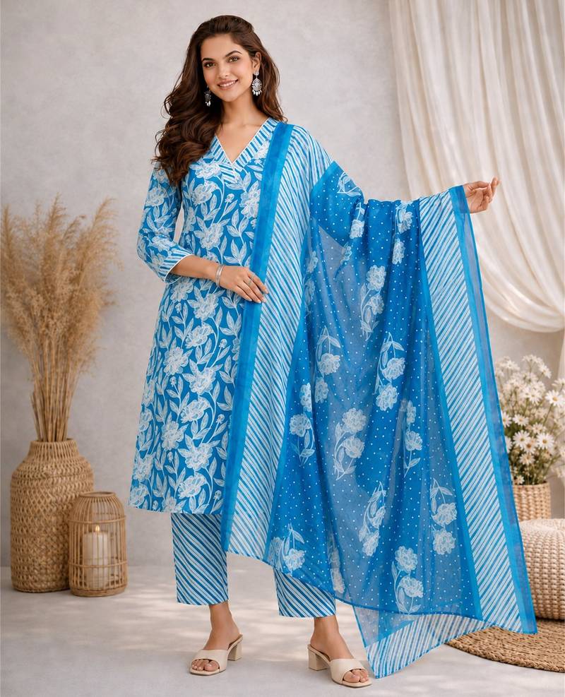 Blue::floral printed::cotton kurta::stitched::straight kurta set::pant::women kurta pant dupatta set