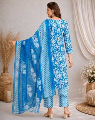 Blue::floral printed::cotton kurta::stitched::straight kurta set::pant::women kurta pant dupatta set 2