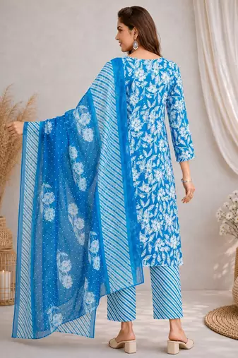 Blue::floral printed::cotton kurta::stitched::straight kurta set::pant::women kurta pant dupatta set