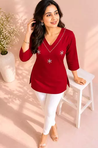 Maroon cotton embroidered short kurti