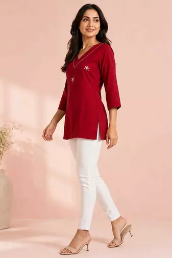 Maroon cotton embroidered short kurti
