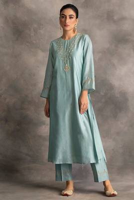 Light-blue floral embroidered chanderi silk stitched straight kurta set with pant 3