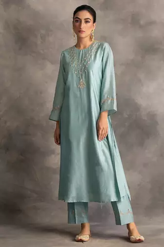 Light-blue floral embroidered chanderi silk stitched straight kurta set with pant