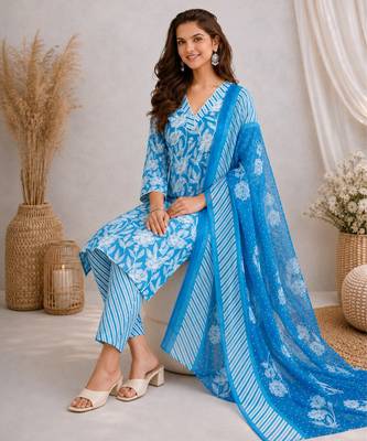 Blue::floral printed::cotton kurta::stitched::straight kurta set::pant::women kurta pant dupatta set 3