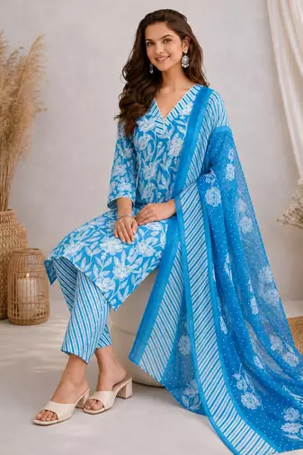 Blue::floral printed::cotton kurta::stitched::straight kurta set::pant::women kurta pant dupatta set