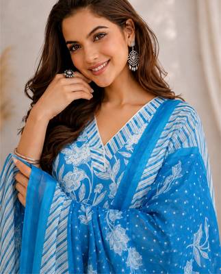 Blue::floral printed::cotton kurta::stitched::straight kurta set::pant::women kurta pant dupatta set 4