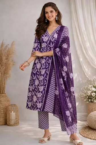Purple::floral printed::cotton kurta::stitched::straight kurta set::pant::women kurta pant dupatta set