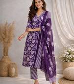 Purple::floral printed::cotton kurta::stitched::straight kurta set::pant::women kurta pant dupatta set