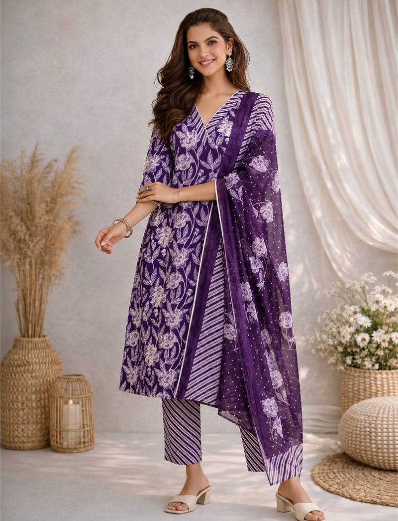 Purple::floral printed::cotton kurta::stitched::straight kurta set::pant::women kurta pant dupatta set