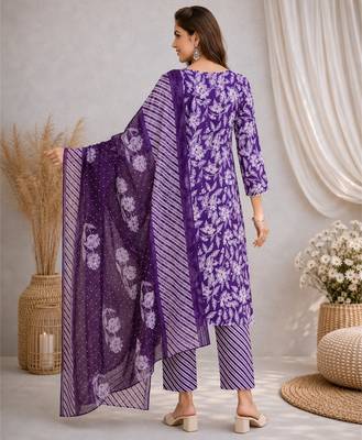 Purple::floral printed::cotton kurta::stitched::straight kurta set::pant::women kurta pant dupatta set 2