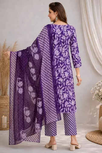 Purple::floral printed::cotton kurta::stitched::straight kurta set::pant::women kurta pant dupatta set