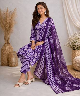 Purple::floral printed::cotton kurta::stitched::straight kurta set::pant::women kurta pant dupatta set 3