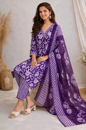 Purple::floral printed::cotton kurta::stitched::straight kurta set::pant::women kurta pant dupatta set
