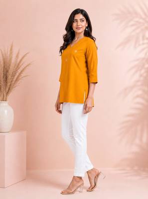 mustard cotton embroidered short kurti 2