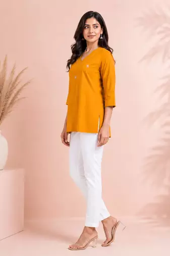 Orange cotton embroidered short kurti