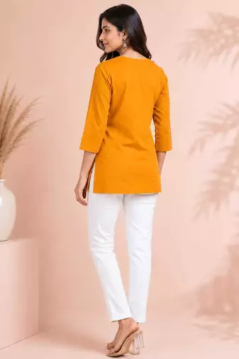 Orange cotton embroidered short kurti