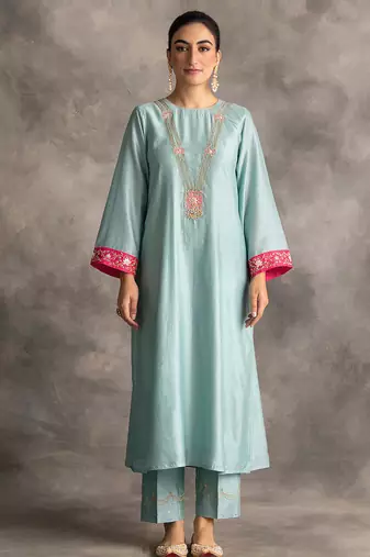 Light-blue floral embroidered chanderi silk stitched straight kurta set with pant