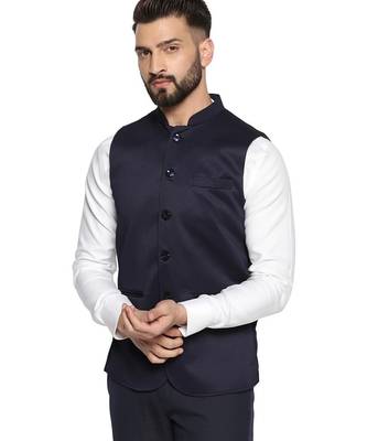 Men blue textured nehru jacket 1