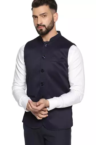 Men blue textured nehru jacket