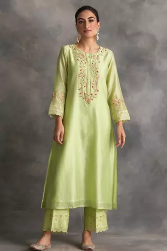 Green floral embroidered chanderi silk stitched straight kurta set with pant