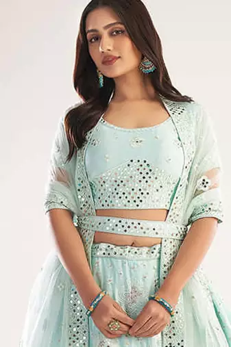 Sea Green Net Bridal Lehenga with Heavy Thread, Zari Embroidery, Zarkan, and Mirror Work For Women's