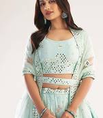 Sea Green Net Bridal Lehenga with Heavy Thread, Zari Embroidery, Zarkan, and Mirror Work For Women's