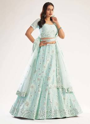 Sea Green Net Bridal Lehenga with Heavy Thread, Zari Embroidery, Zarkan, and Mirror Work For Women's 2