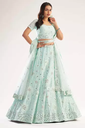 Sea Green Net Bridal Lehenga with Heavy Thread, Zari Embroidery, Zarkan, and Mirror Work For Women's