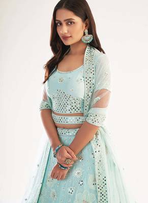 Sea Green Net Bridal Lehenga with Heavy Thread, Zari Embroidery, Zarkan, and Mirror Work For Women's 3