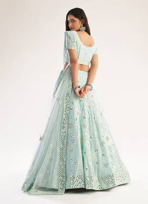 Sea Green Net Bridal Lehenga with Heavy Thread, Zari Embroidery, Zarkan, and Mirror Work For Women's 4