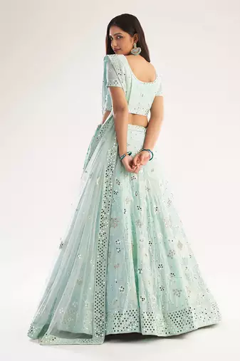 Sea Green Net Bridal Lehenga with Heavy Thread, Zari Embroidery, Zarkan, and Mirror Work For Women's
