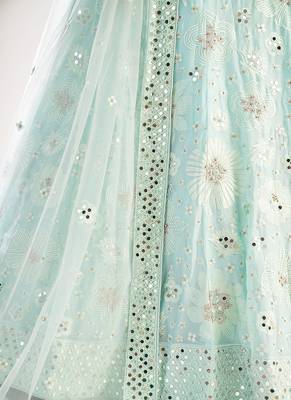 Sea Green Net Bridal Lehenga with Heavy Thread, Zari Embroidery, Zarkan, and Mirror Work For Women's 5