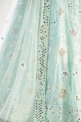 Sea Green Net Bridal Lehenga with Heavy Thread, Zari Embroidery, Zarkan, and Mirror Work For Women's